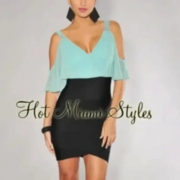 Mint and Black Sleeveless Bandage Dress - Picture 1 of 10